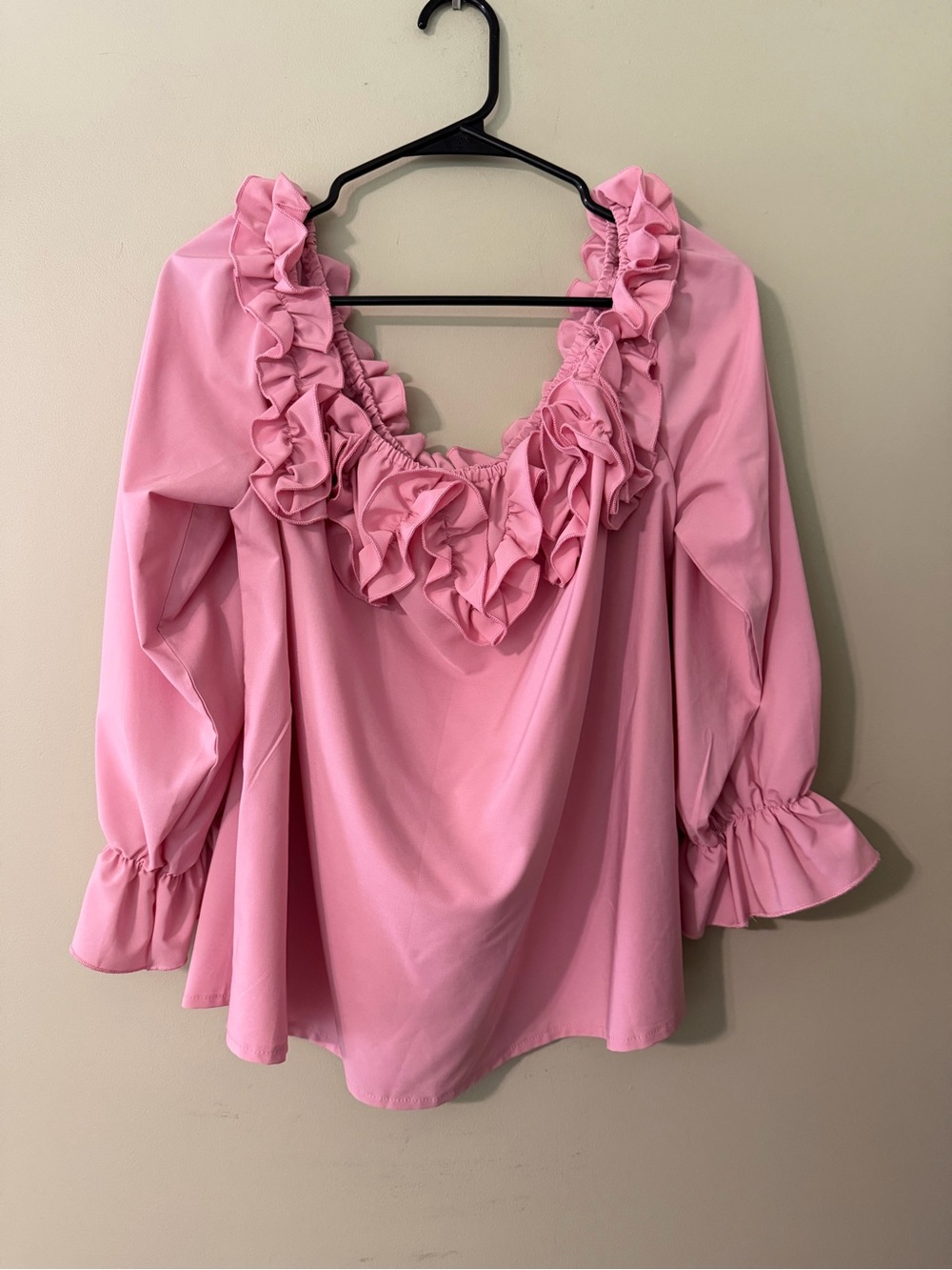 SHEIN Pink Ruffle-Trim Peasant Blouse